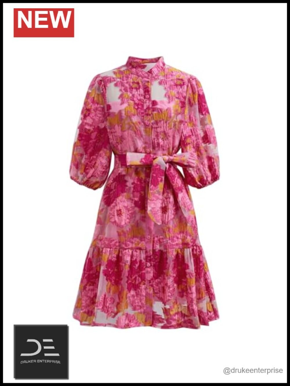 Floral Jacquard Mini Dress Puff Sleeves Mock Neck Button Organza Belt